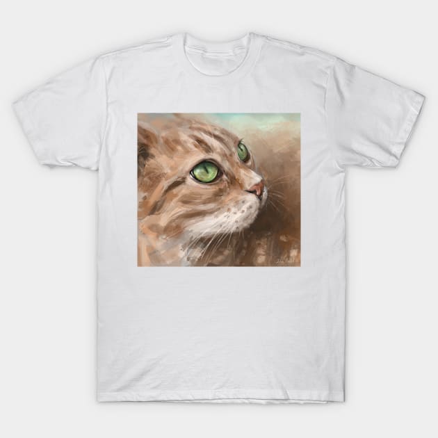 Painting of a Blonde Cat with Bright Green Eyes Looking to the Side T-Shirt by ibadishi